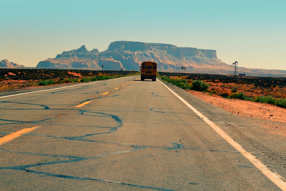 asphalt, bus, desert