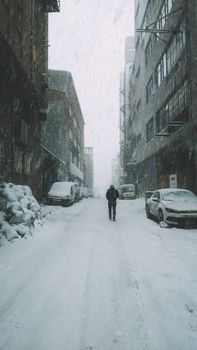 Back view full body of anonymous person walking on snowy road in city street near buildings and vehicles in winter day