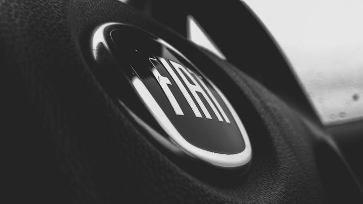 Greyscale And Closeup Photograph Of Fiat Steering Wheel