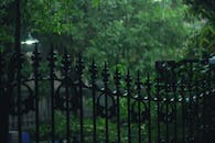 这是一个在喜怒无常的夜晚拍摄的、被雨水浸湿的花园风景，配有装饰性金属围栏和郁郁葱葱的绿化植物