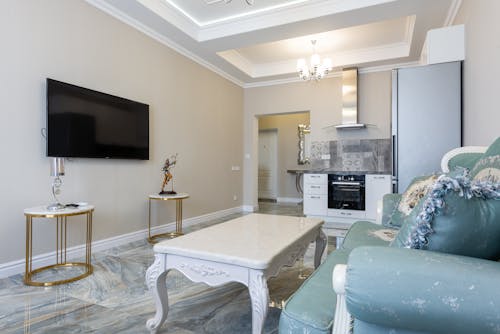 Living room and kitchen interior with classic sofa against TV and electric appliances on marble floor at home