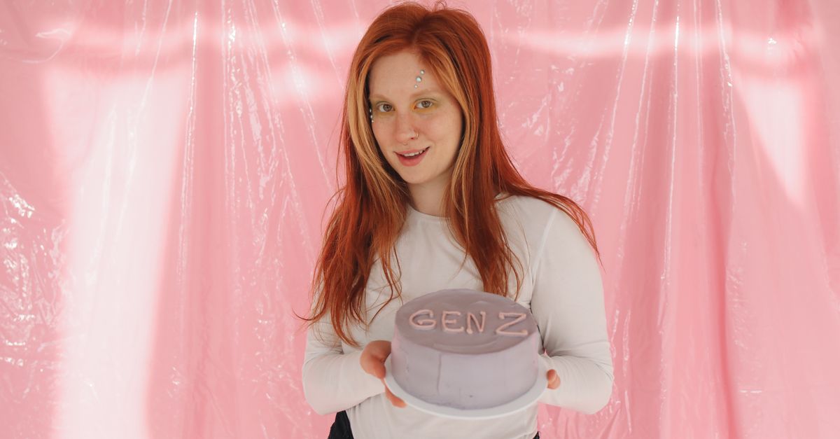 Gen Z teenager wearing 90s grunge fashion while holding a vinyl record of Nirvana's Nevermind