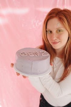 Young woman holding a pastel purple cake with 'Gen Z' text, against a pink backdrop.