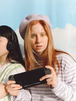 Redhead woman playing video game console indoors, wearing lavender beret and striped shirt.