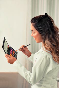 A young woman in white long sleeves applies makeup using a colorful eyeshadow palette.