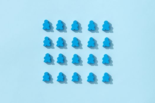 A minimalist pattern of blue meeple figures arranged on a plain background, conveying simplicity and organization.