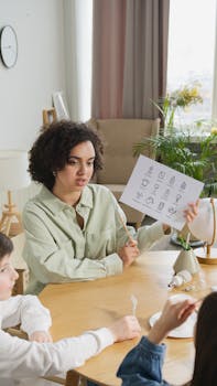 A group of children engaged in a home schooling session with a teacher, focusing on interactive learning.