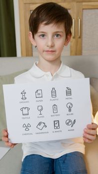 A child indoors displays a recycling guide sheet with various material symbols, promoting environmental awareness.