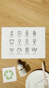 Illustrated recycling chart on wood surface featuring various waste categories and symbols.