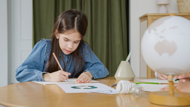 A young girl focused on drawing indoors, showcasing a creative hobby.