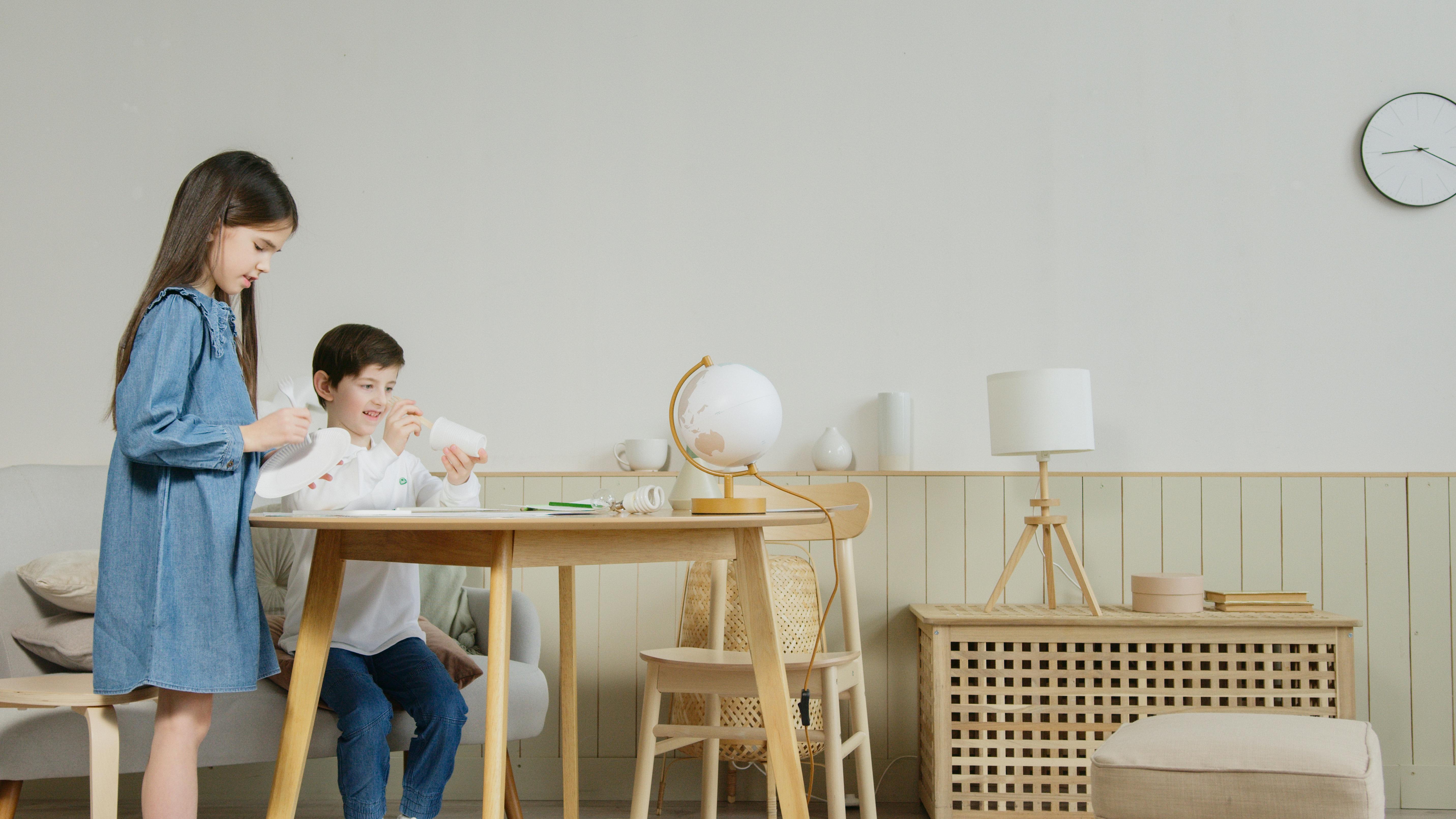 siblings holding disposable tableware