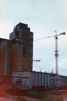 A vintage industrial site with a tower crane in Rosario, Argentina.