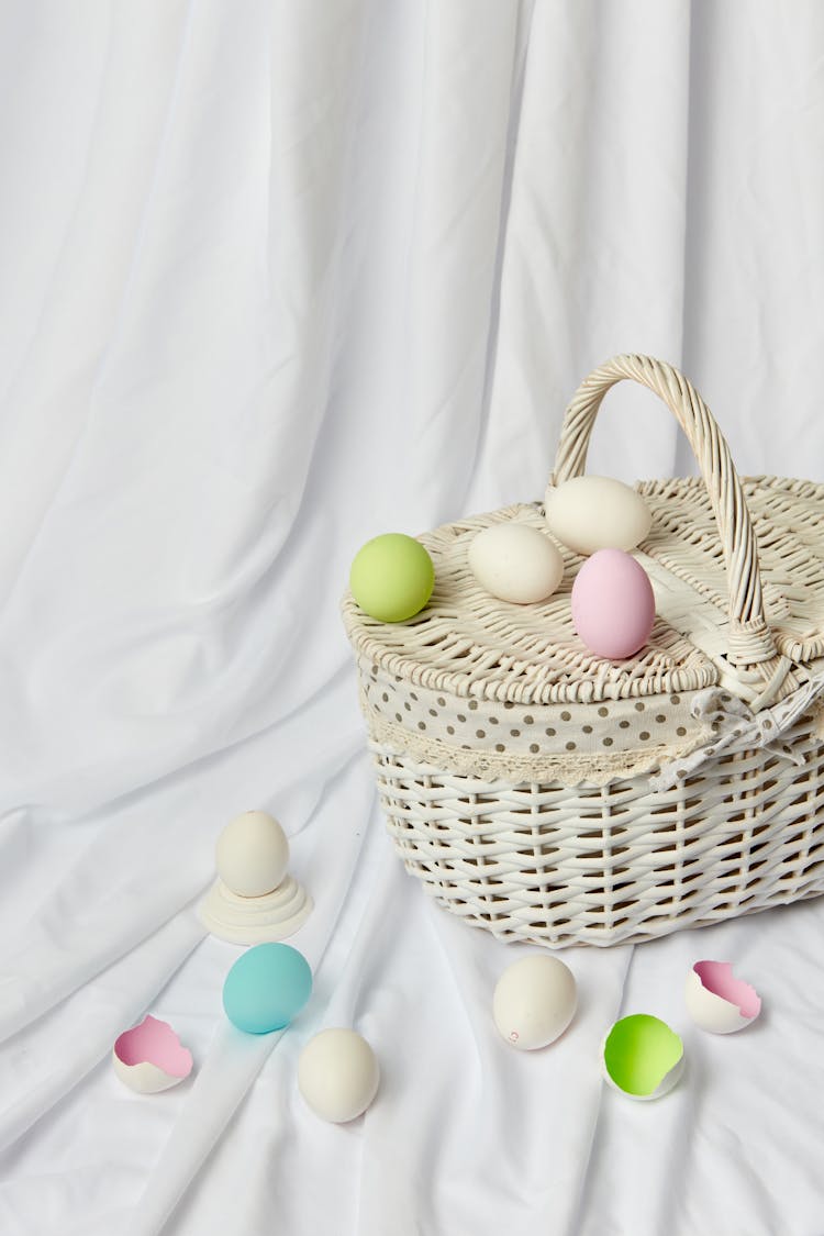 Colored Eggs On Picnic Basket