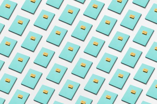 A conceptual pattern of blue notebooks and yellow sticky notes reading 'idea'.