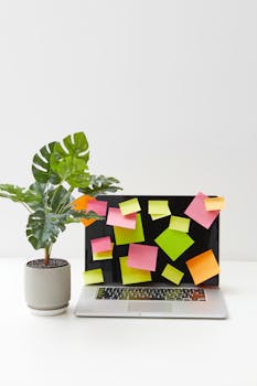 A tidy workspace with a laptop screen covered in colorful sticky notes beside a green foliage plant.