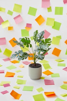 Green potted plant surrounded by colorful sticky notes creating a vibrant and creative backdrop.