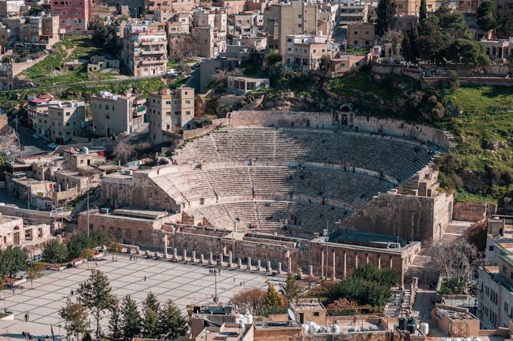 Aerial View Of The Ruins Of The Ancient Roman Amphitheatre In Amman, Jordan