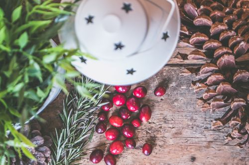 Free A rustic wooden table with cranberries, greenery, a white lamp and pine cones. Stock Photo