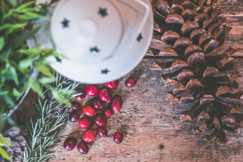Free Top view of cranberries, pine cones, and a decorative lamp on a rustic table setting. Stock Photo