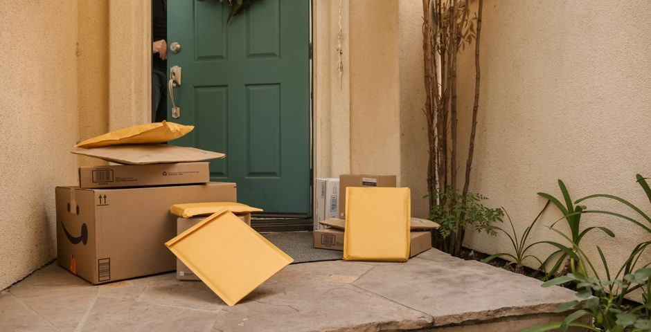 Delivery parcels stacked at a residential doorway — returned goods come back from homes, kitchens and storerooms