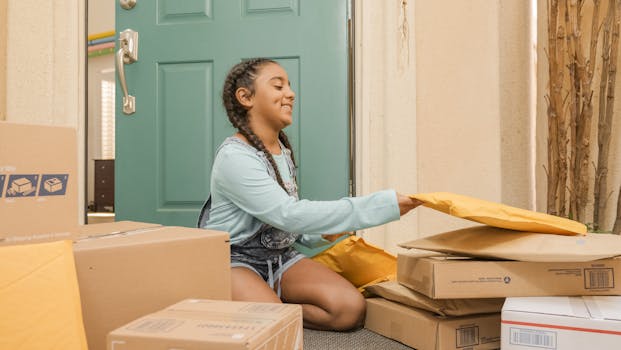 Young girl with braided hair sorting delivery packages on a porch.