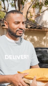 Friendly delivery man in gray shirt handing package to customer outdoors with a blurred background.