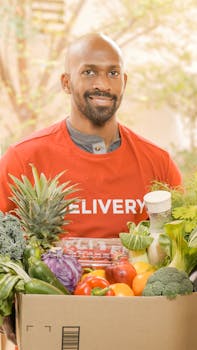 Happy deliveryman in red shirt holding a box of fresh vegetables and fruits outdoors.