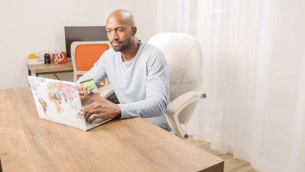 An adult man sits indoors using a laptop for online shopping, holding a credit card.