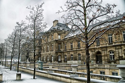 冬日里，一座历史悠久的建筑被白雪覆盖的树木环绕