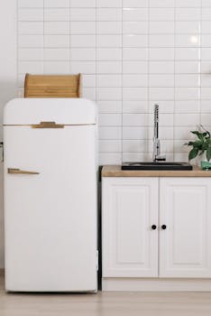 A modern minimalist kitchen featuring a vintage white fridge, sink, and greenery.