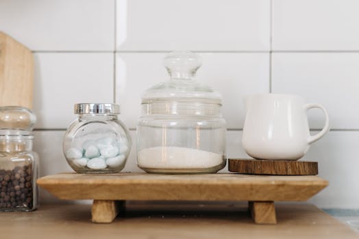 Elegant kitchen setup with glass jars and a ceramic cup on a wooden platform, depicting minimalistic design.