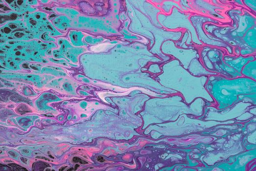 Colorful abstract fluid painting with swirling colors in blue, purple, and pink tones.