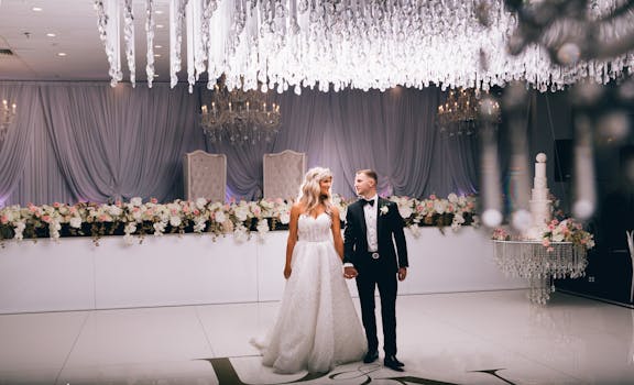 A newlywed couple in a luxurious reception setting with chandeliers and floral decorations in Liverpool, NSW.