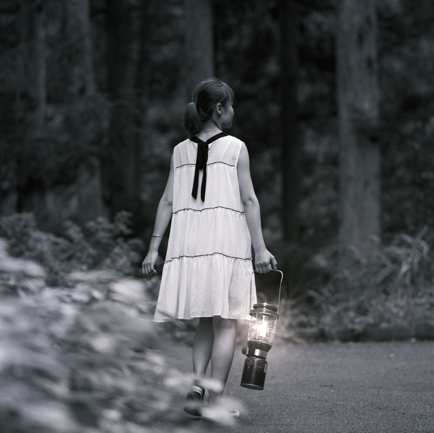 A child in a pale dress carrying a lantern through a forest at dusk — photo by Anh Khac on Pexels