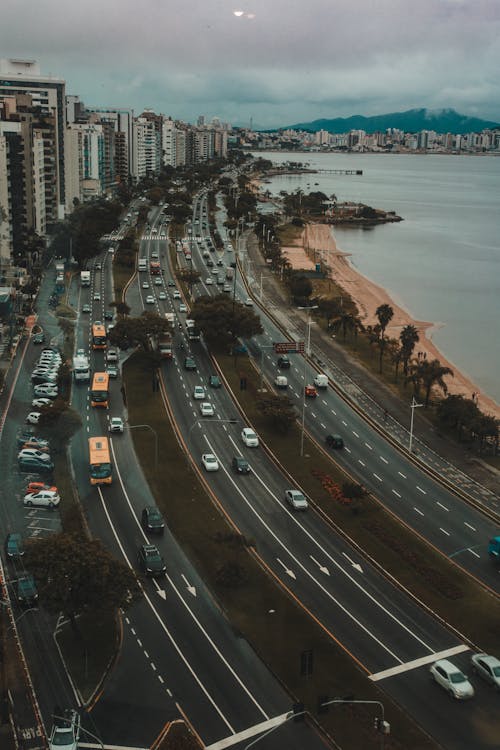 Aerial View of Motor Vehicles Driving on the Road