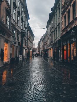 Gloomy cobblestone street in Ljubljana, Slovenia, showcasing historic architecture on a rainy day.