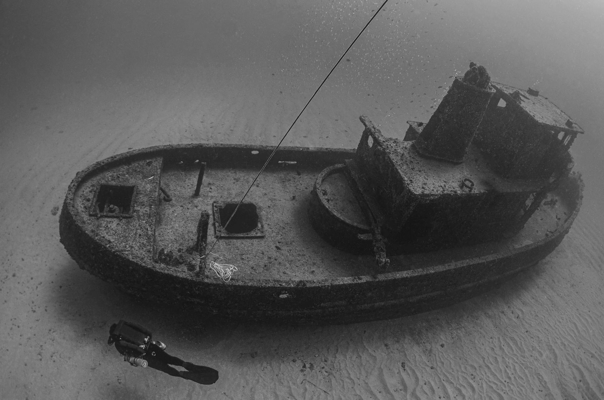 Grayscale Photo of a Shipwreck Under Water