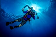 Low-Angle Shot of Man in Diving Gears Underwater