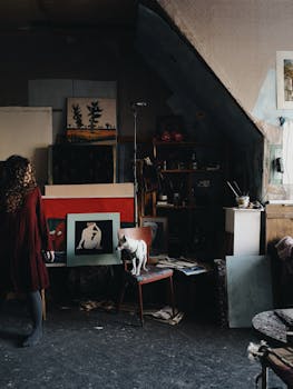 Anonymous female artist standing in creative workshop with abundance of pictures and artworks near instruments for painting in modern studio