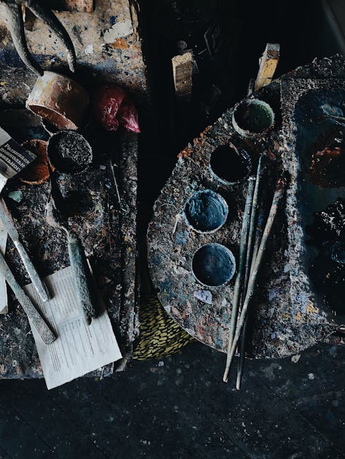 Set of painting tools on workbench