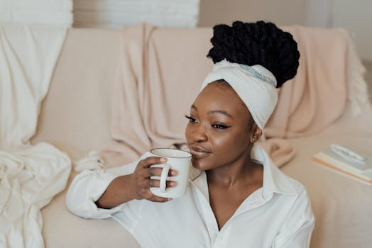 African American woman in white attire drinking coffee at home with a serene expression.