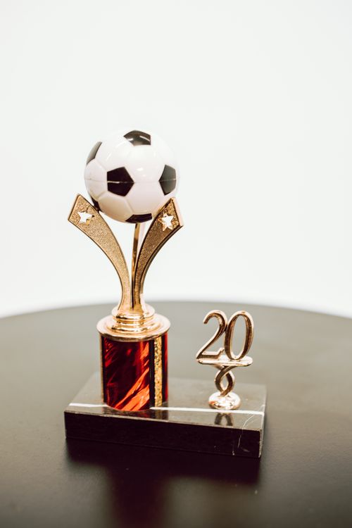 Golden trophy displayed on a table representing World Cup achievement