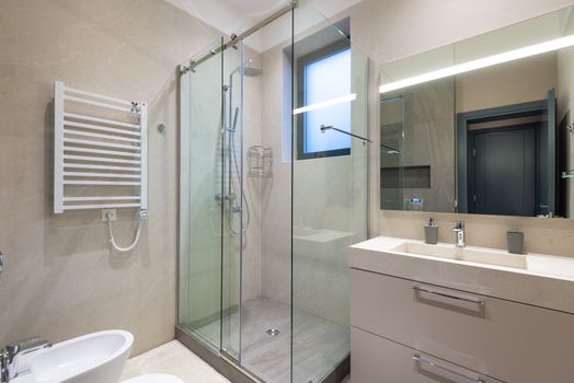 Shower cabin with glass walls near mirror hanging on wall above sink in modern minimalist styled bathroom