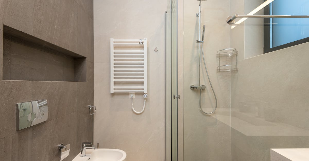 Ceramic bidet and shower cabin in contemporary bathroom