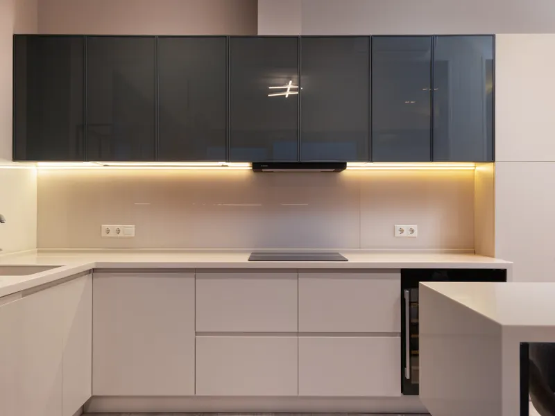 Contact our refrigerator repair team Bright, minimalist kitchen with furniture and lighting