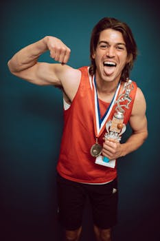 Animated young male athlete in red jersey celebrates victory with trophy and medal against blue backdrop.