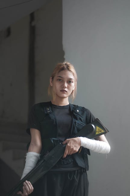 Portrait of a young woman in black tactical clothing holding a rifle indoors.
