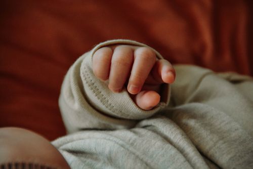 Free Adorable close-up of a newborn's hand in a soft gray sweater sleeve. Perfect for parenting and baby care themes. Stock Photo