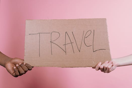 Two hands holding a cardboard sign with 'TRAVEL' on a pink backdrop.