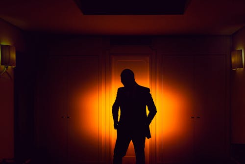Silhouette of a Person Standing Near the Wooden Door 